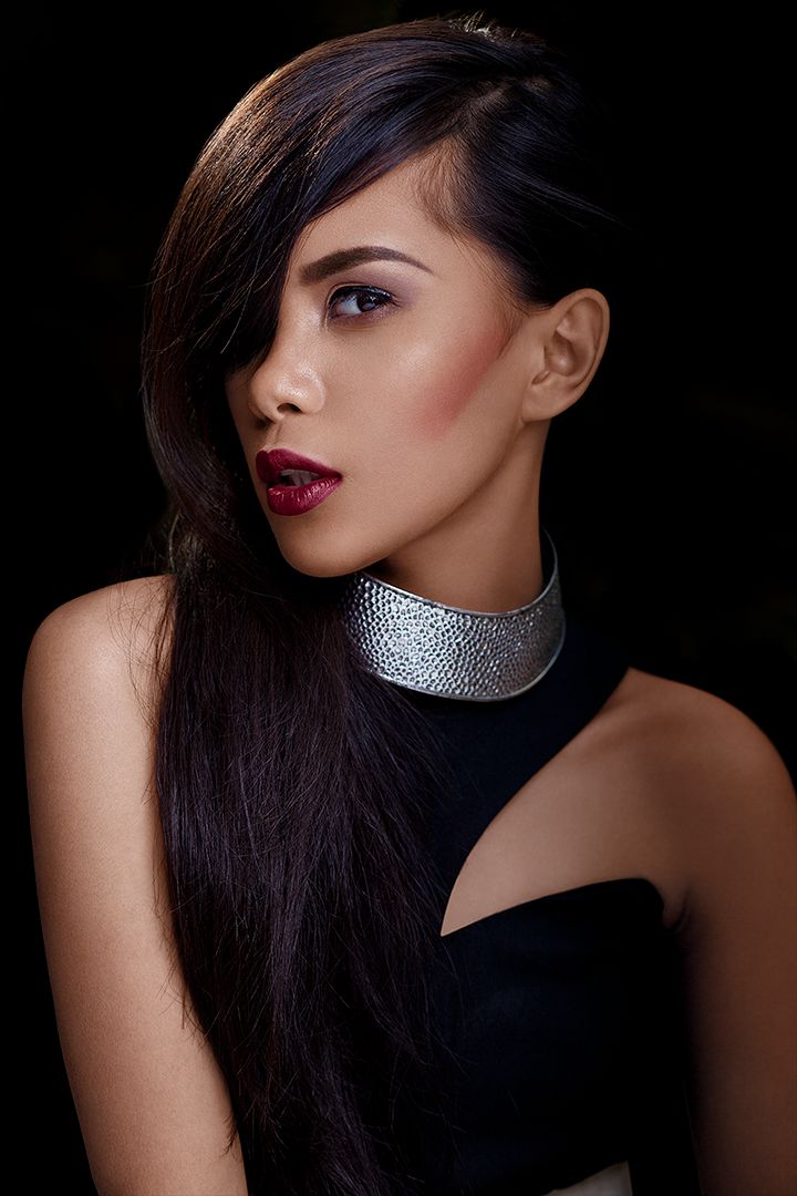 Three-quarter profile beauty portrait with silver choker necklace, deep red lip, and sleek dark hair